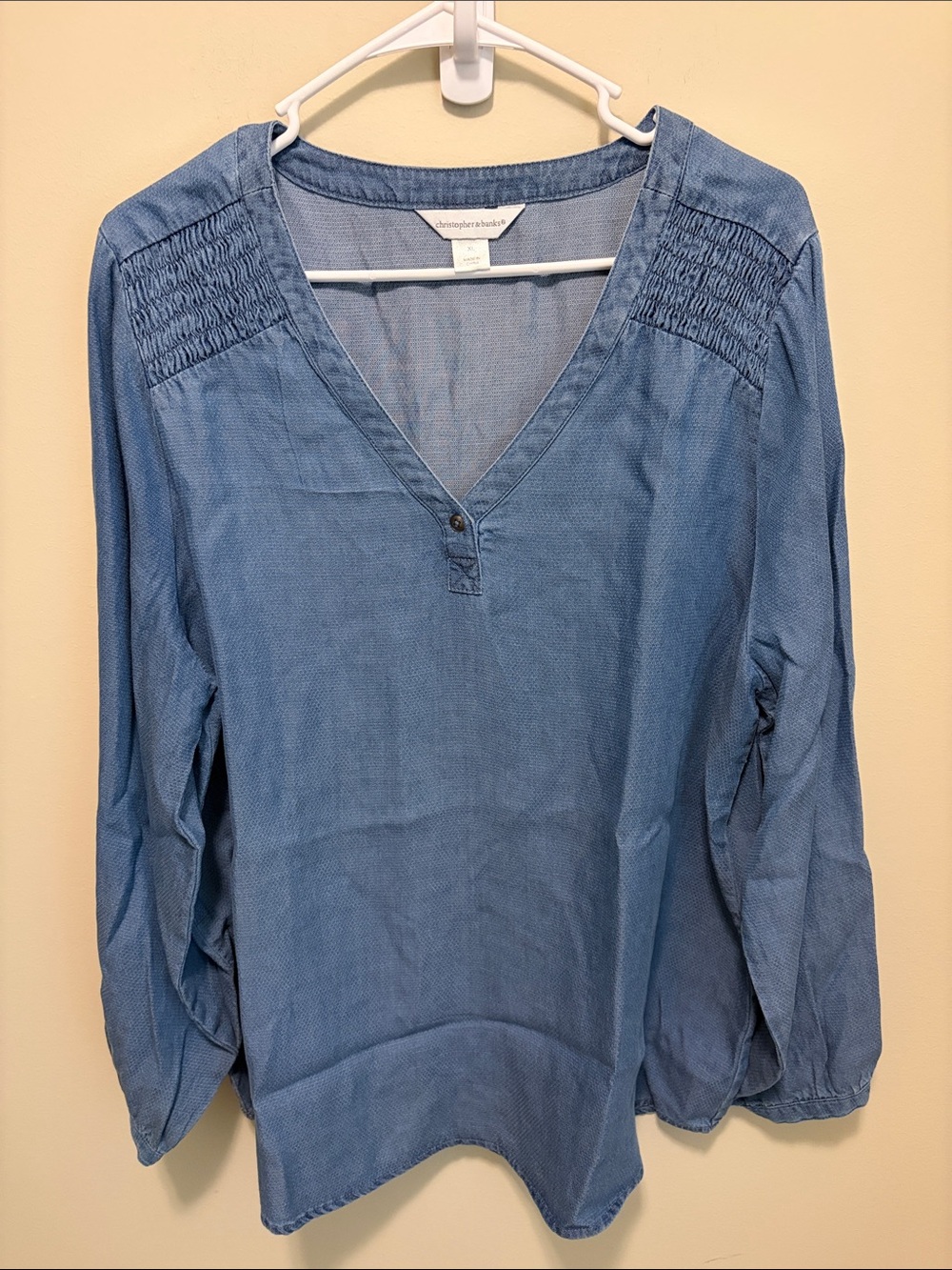 Christopher & Banks Light Blue Chambray V-Neck Smocked Shoulder Tunic